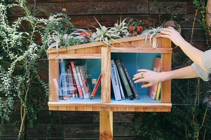 A person standing in a garden, with Little Free Library