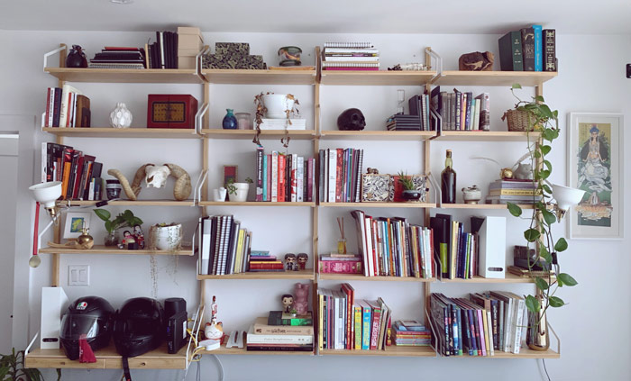 A close up of a book shelf