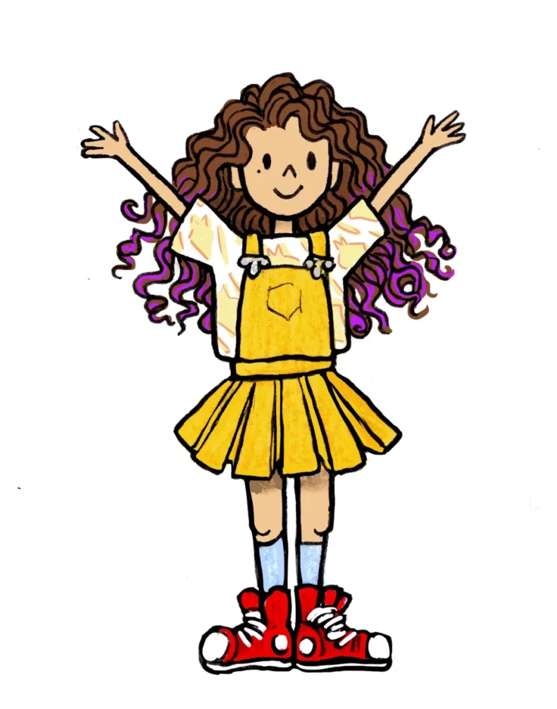 The Frizzy Lizzy character illustrated by Katherine Hillier. Lizzy has long, curly brown hair, is wearing yellow dress over a t-shirt, red sneakers with socks, and her arms are in the air.