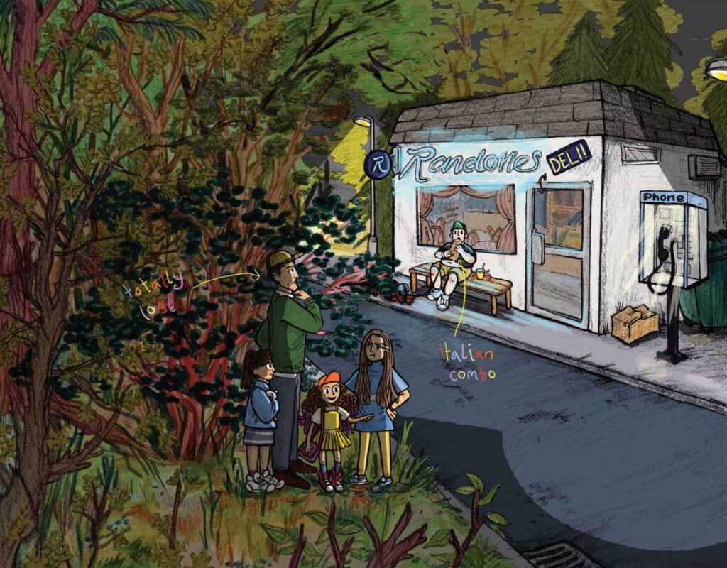 Frizzy Lizzy: Randones Illustration by Katherine Hillier. Sandwich strop on edge of the forest. Man on bench eating sandwich. Family on the edge of the forest.