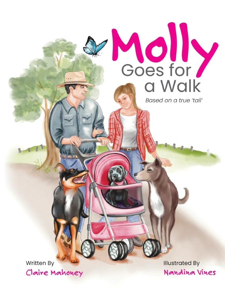 Molly Goes for a Walk: Book Cover

Man and woman pushing a stroller with three dogs.