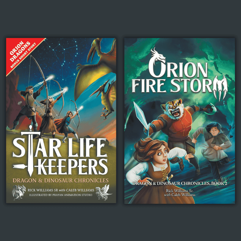 Dragon Dinosaur Chronicles | The Children's Book Review Two fantasy book covers: Star Life Keepers (Dragon & Dinosaur Chronicles) and Orion Fire Storm (Book 2) with dragons, warriors, and glowing swords on dark backgrounds.