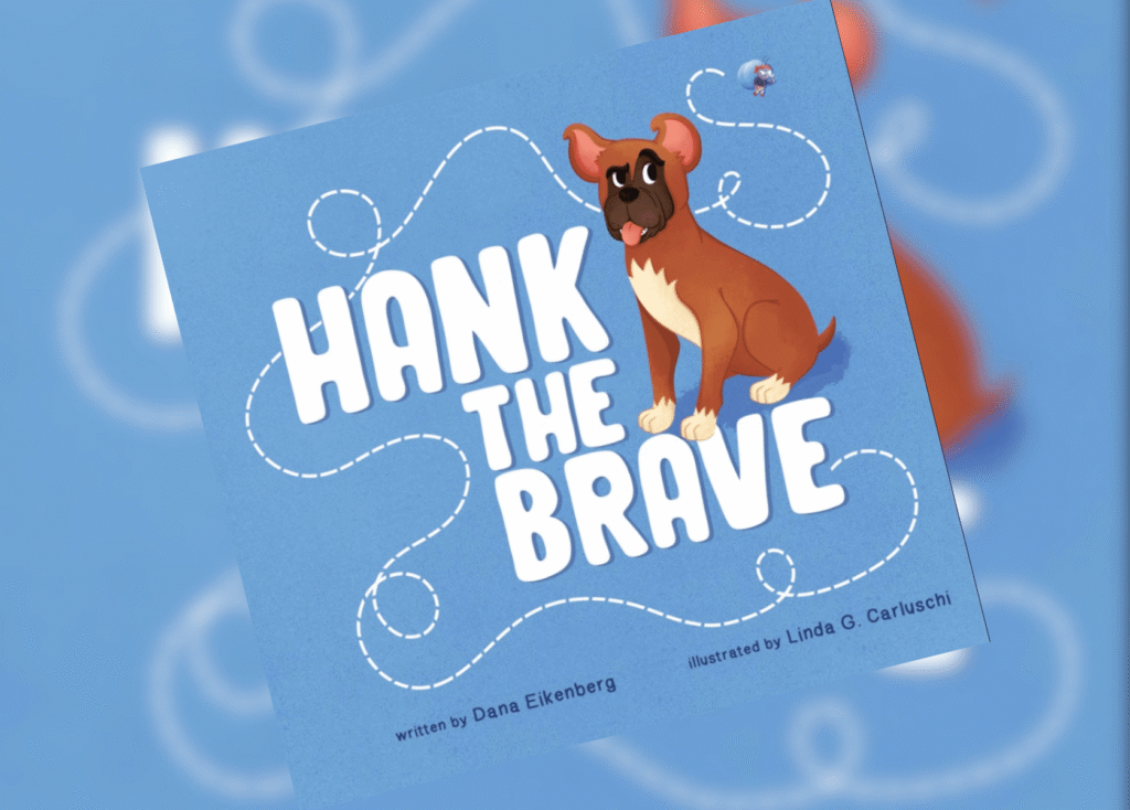 Children's book cover: blue background with a brown dog and the title Hank the Brave.