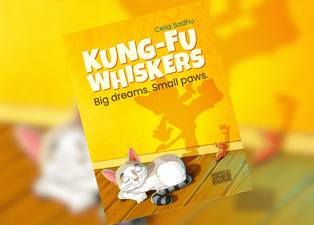 Cover of the children's book 'Kung-Fu Whiskers' by Celia Sadhu, showing two sleeping cats on a bright yellow background with bold white title text.