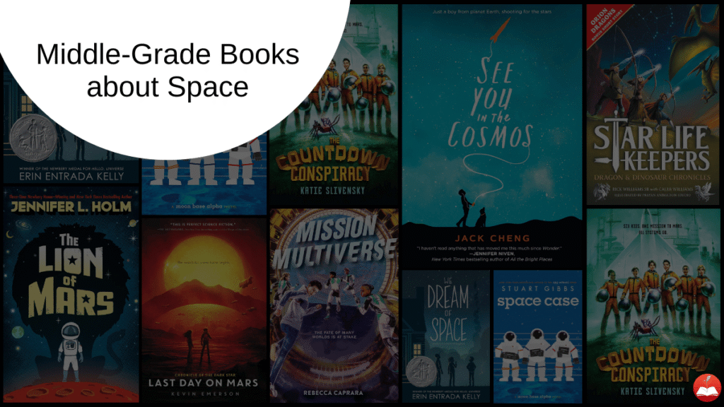 Collage of space-themed middle-grade book covers arranged in a grid, with a large white circle reading 'Middle-Grade Books about Space'.