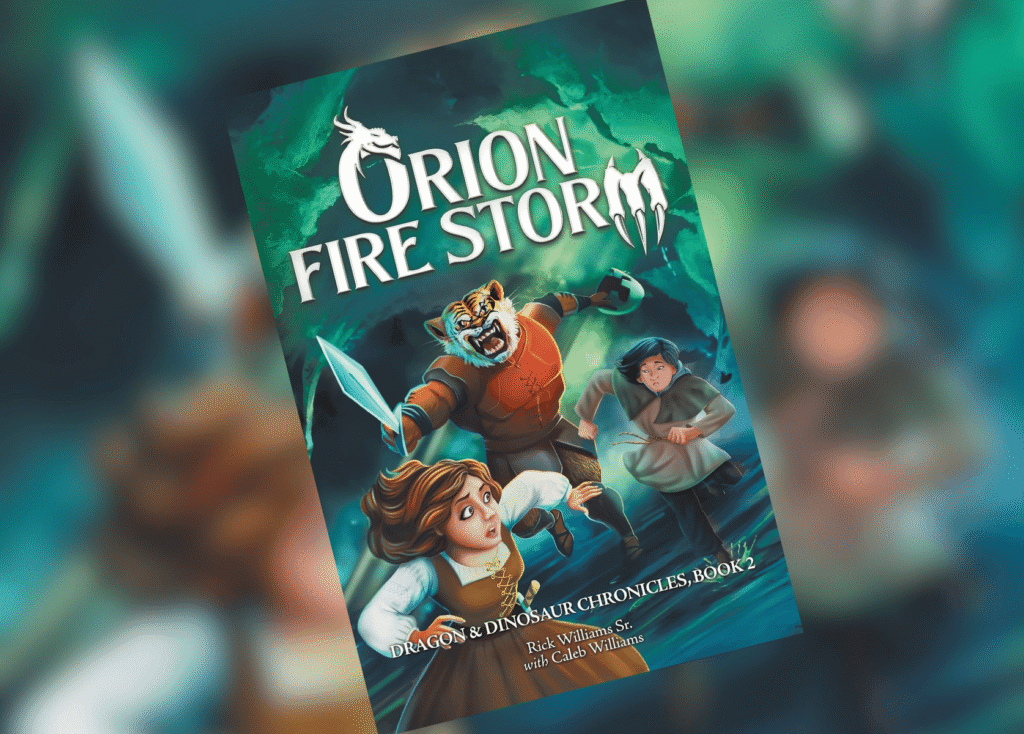 Book cover for Orion Fire Storm showing a dragon-topped title and three characters fleeing in a green storm.