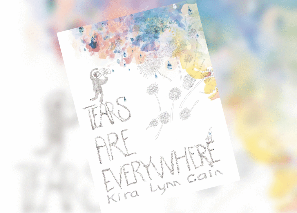Tilted page showing a pencil-drawn child blowing into a horn among a bursts of pastel watercolor flowers; background features a soft color wash and handwritten text along the lower part (partially visible).