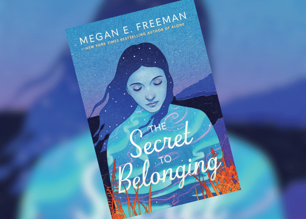 Book cover for The Secret to Belonging by Megan E. Freeman, blue-toned illustration of a woman with starry hair against a night landscape
