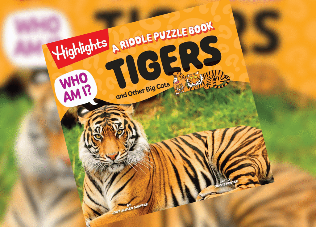 Cover of a Highlights riddle puzzle book titled 'TIGERS and Other Big Cats' with a tiger image on a grassy background