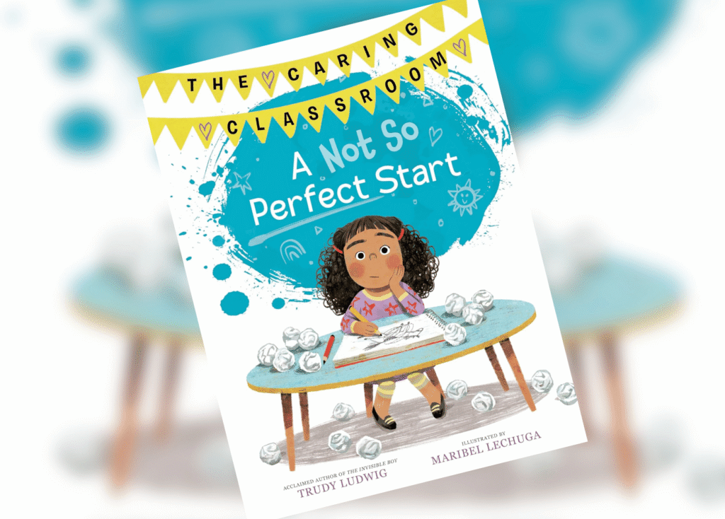 Book cover: A Not So Perfect Start showing a worried girl at a desk with crumpled papers scattered around.