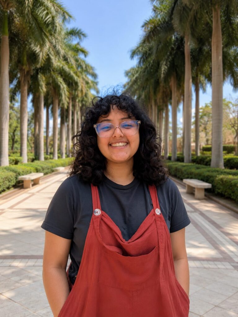 Alia Sallam | The Children's Book Review Smiling person with curly hair and glasses stands on a palm-tree lined walkway, wearing a dark shirt and red overalls.
