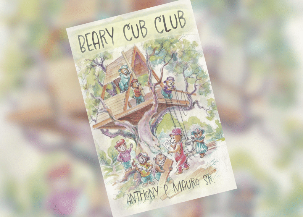 Colorful illustration for Beary Cub Club showing kids and bears building a treehouse in a forest.