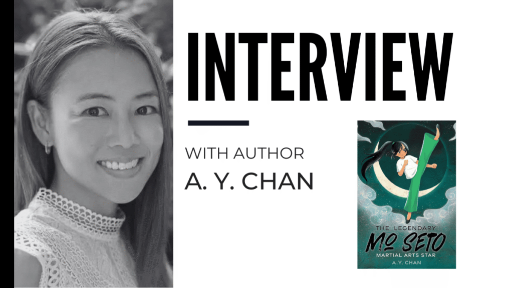 Promotional banner for an interview with author A. Y. Chan; grayscale portrait left, large 'INTERVIEW' text, book cover on the right.
