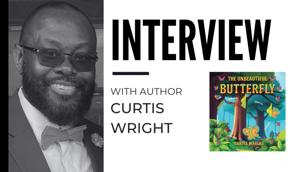 Interview feature: smiling man in a suit on the left and the book cover 'The Unbeautiful Butterfly' on the right.