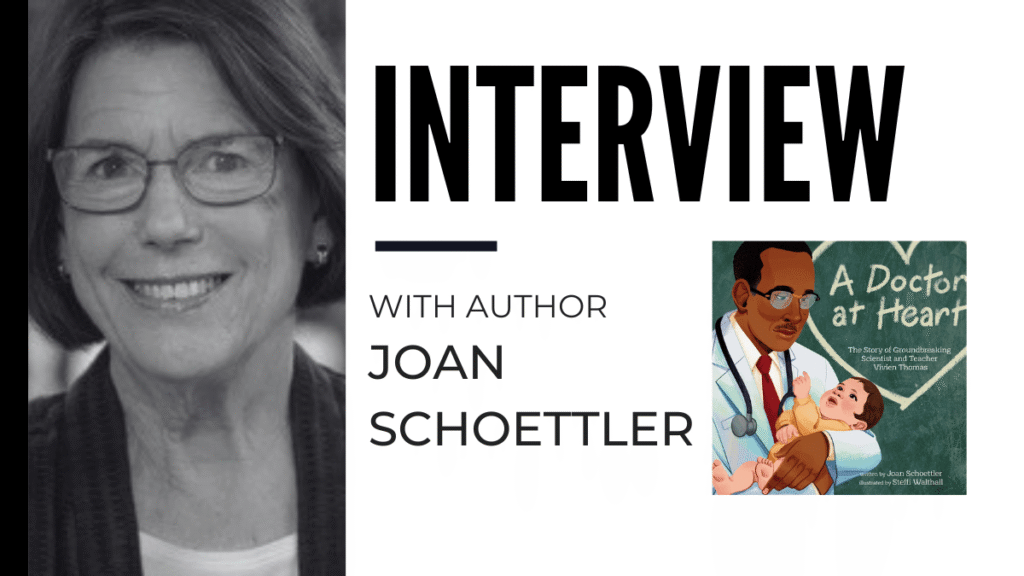 Interview banner: grayscale portrait of a smiling woman on the left, large INTERVIEW text, and a book cover titled 'A Doctor at Heart' on the right.