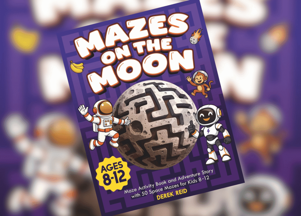 Book cover for Mazes on the Moon, showing astronauts and a large moon maze on a purple background with space graphics.