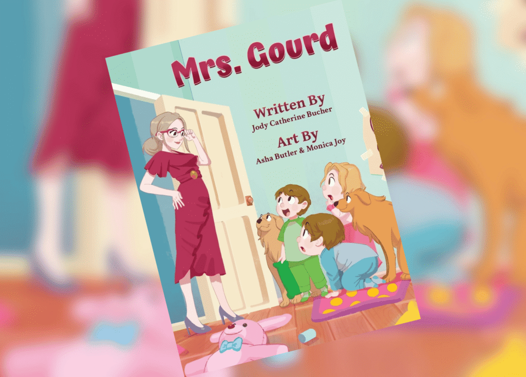 Mrs Gourd Header | The Children's Book Review Book cover titled 'Mrs. Gourd' with a woman in a red dress greeting children and a dog at the doorway.