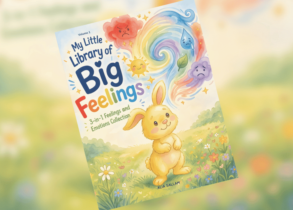 Colorful cover of a children's book, titled 'Big Feelings', showing a smiling bunny in a sunny meadow with a rainbow swirl in the sky.