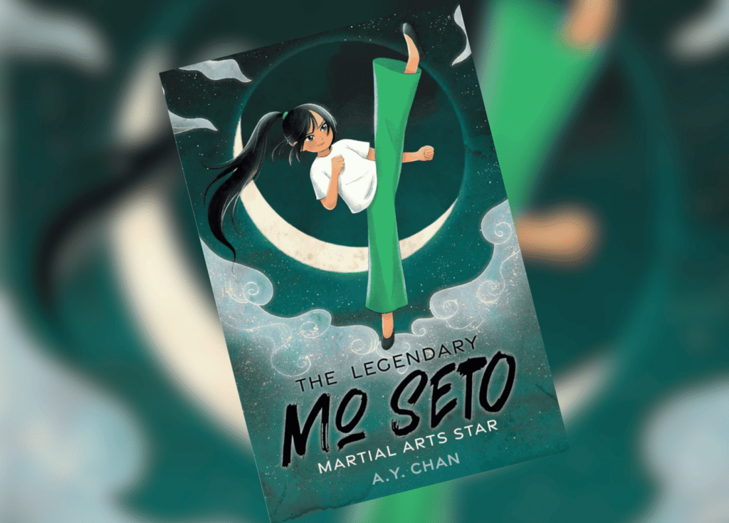 The Legendary Mo Seto Martial Arts Star Header | The Children's Book Review Illustrated book cover with a girl in a white shirt and green pants mid-kick against a teal, cosmic backdrop.