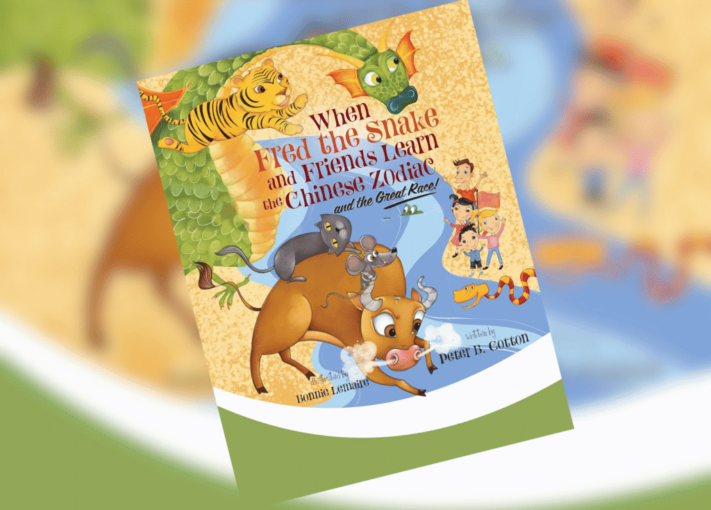 Children’s book cover featuring a tiger, dragon, and other animals with the title about the Chinese Zodiac and a Great Race.