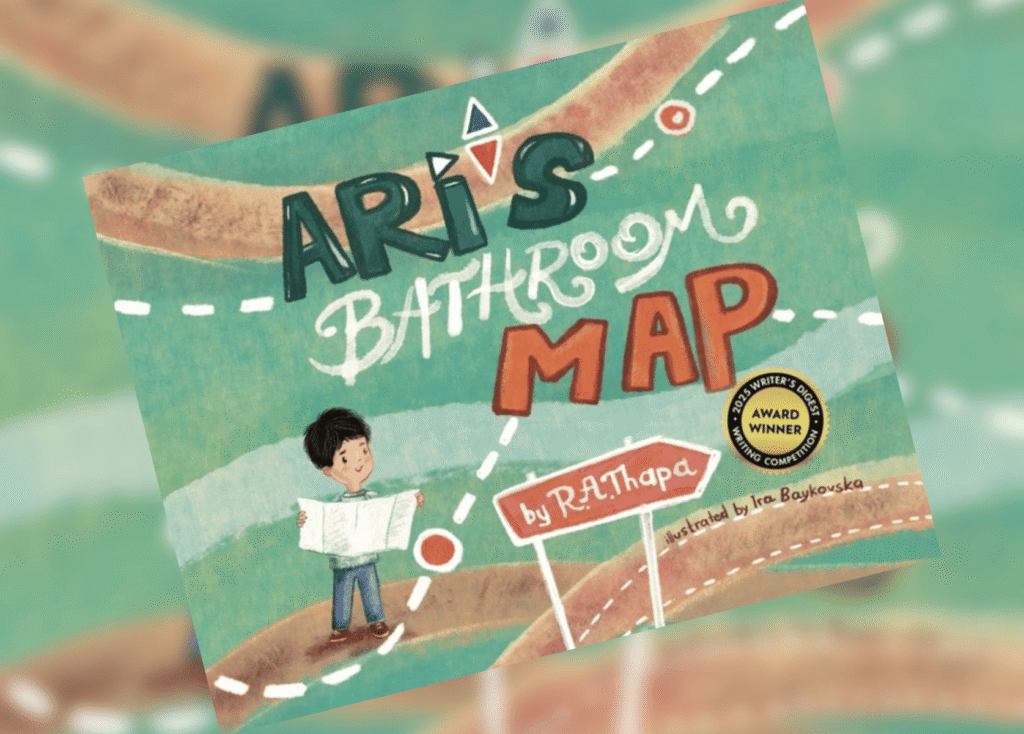 Illustrated children's book cover with a boy holding a map along a winding dotted road on a teal background.