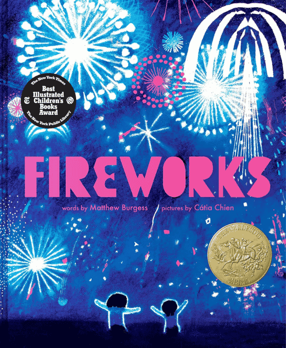 Fireworks Caldecott | The Children's Book Review Cover of the children's book 'FIREWORKS' with blue fireworks, a pink title, two silhouetted children, and an award seal.