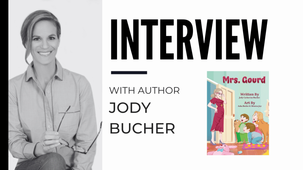 Interview with Jody Bucher | The Children's Book Review Black-and-white photo of a smiling woman holding glasses on the left, beside an interview headline and a Mrs. Gourd book cover on the right.