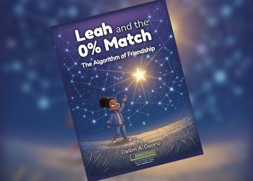 Leah and the 0 Match Header | The Children's Book Review Book cover: Leah and the 0% Match — The Algorithm of Friendship, with a girl reaching toward a bright starry network in the sky.