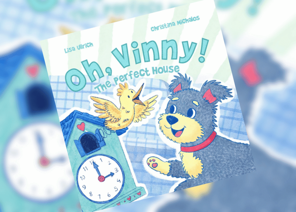 Cover of 'Oh, Vinny!' showing a gray dog with red collar and a yellow bird beside a clockwork machine on a pastel background.