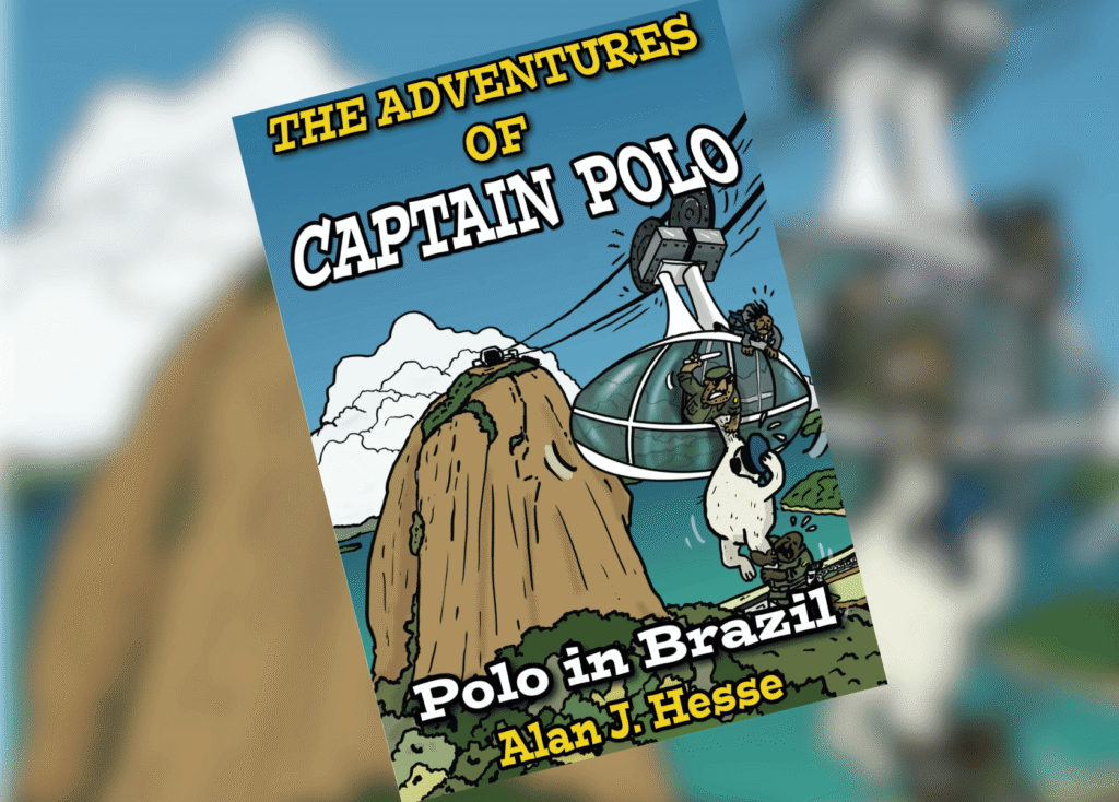 Polo in Brazil Header | The Children's Book Review Front cover of a comic book: The Adventures of Captain Polo — Polo in Brazil, by Alan J. Hesse, with a flying capsule near a cliff.