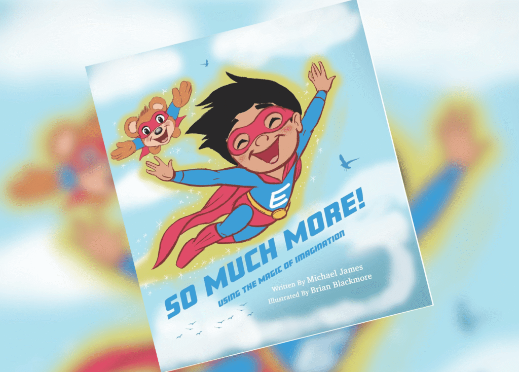 So Much More Header | The Children's Book Review Colorful children's book cover showing a smiling boy in a red cape soaring through a blue sky with a cheerful monkey beside him; title 'SO MUCH MORE!'.