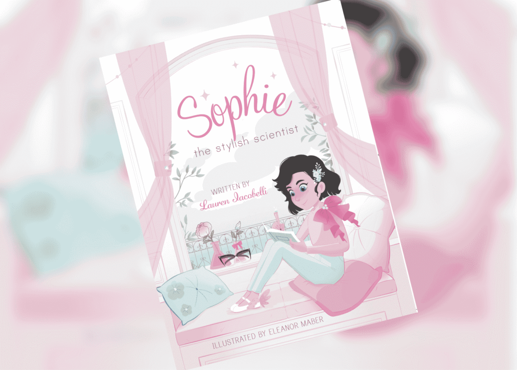 Book cover for 'Sophie the stylish scientist,' with a pink-themed illustration of a girl reading on a balcony, surrounded by curtains and florals.