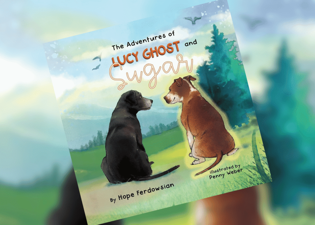 The Adventures of Lucy Ghost and Sugar Header | The Children's Book Review Cover of a children's book titled 'The Adventures of Lucy Ghost and Sugar' with two dogs sitting in a sunny field.