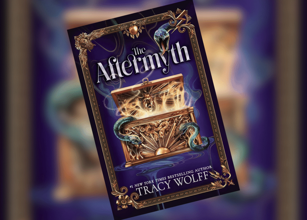 Cover of The Aftermath: a glowing golden chest with serpents, ornate frame, and purple backdrop.
