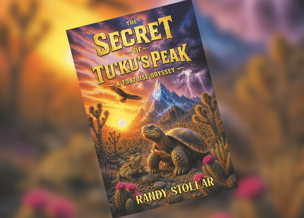 The Secret of Tukus Peak Header | The Children's Book Review Book cover: 'The Secret of Tu'Ku's Peak' with a desert landscape, jagged mountains, a tortoise in the foreground, and a sunset sky.