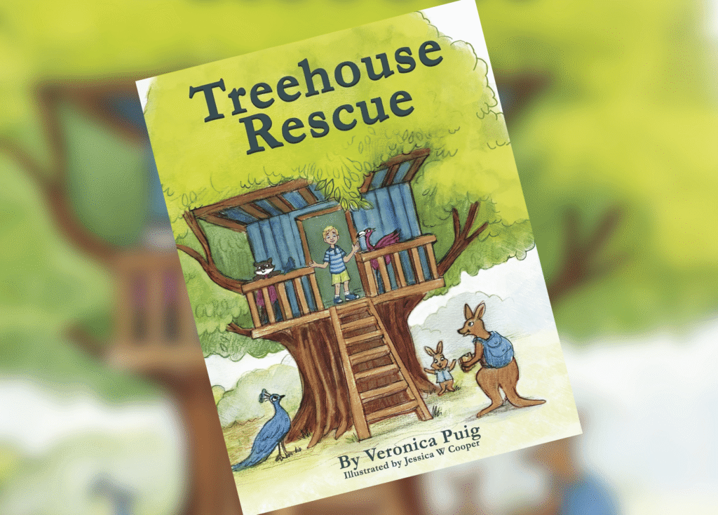 Treehouse Rescue Header | The Children's Book Review Children's book cover 'Treehouse Rescue' showing kids on a treehouse with animals in a green backdrop.
