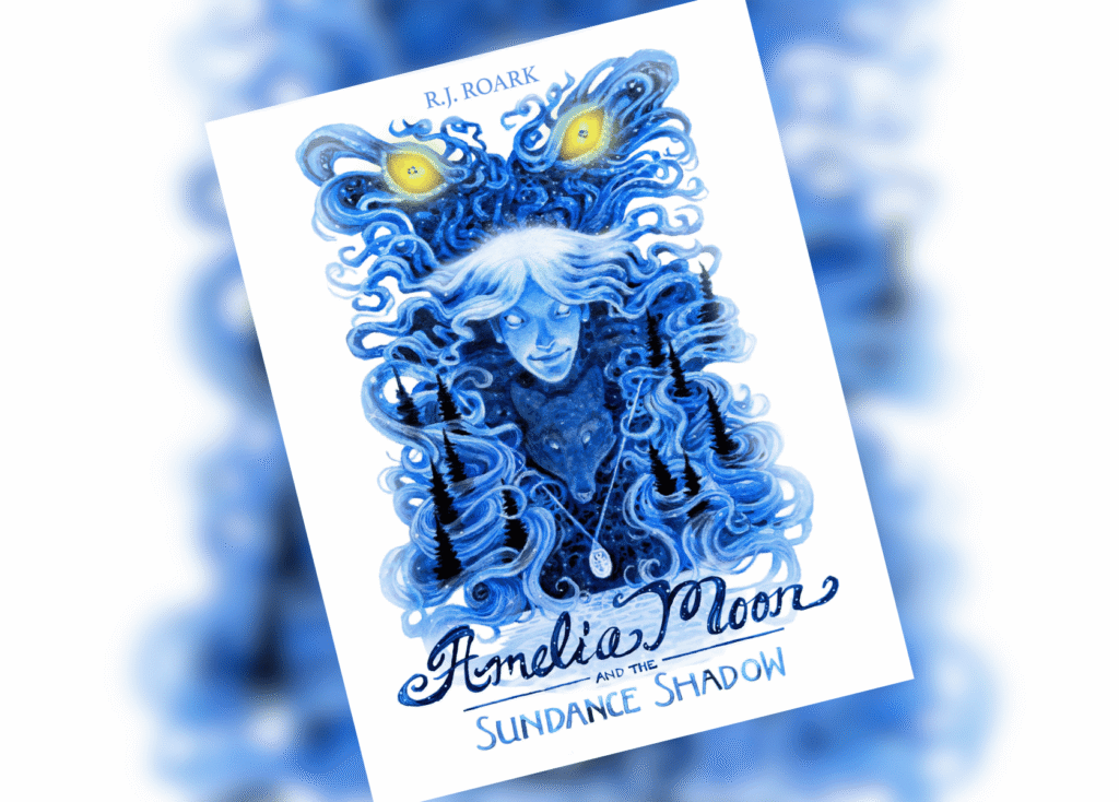Blue-toned fantasy book cover showing a woman with flowing hair that blends into animal forms, title 'Andelia Moon and the Sundance Shadow'.