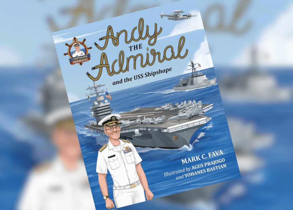 Andy the Admiral Header | The Children's Book Review Book cover: cartoon admiral in white uniform on a naval ship deck with bold rope-style title 'Andy the Admiral' over blue sea backdrop