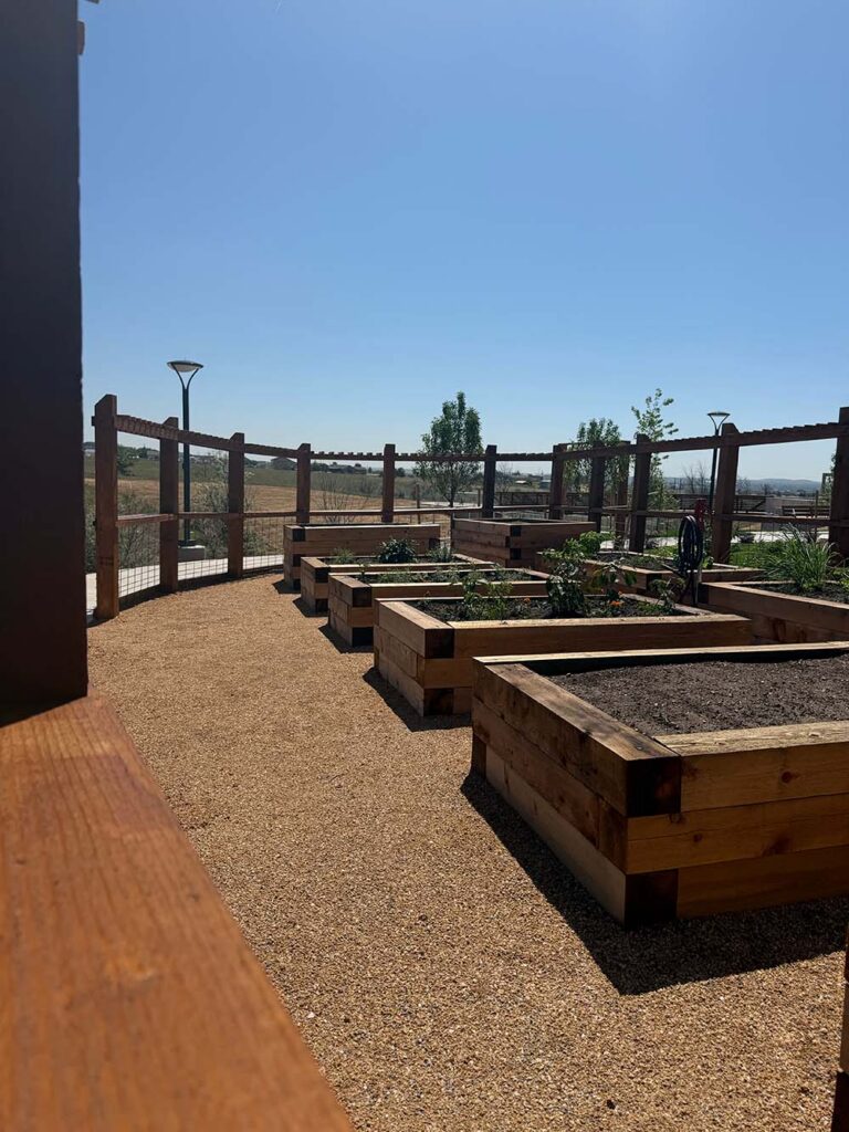 Gradening Beds at Anythink Library | The Children's Book Review Wooden raised garden beds along a gravel path on a sunny terrace with a wooden railing and distant landscape beyond.