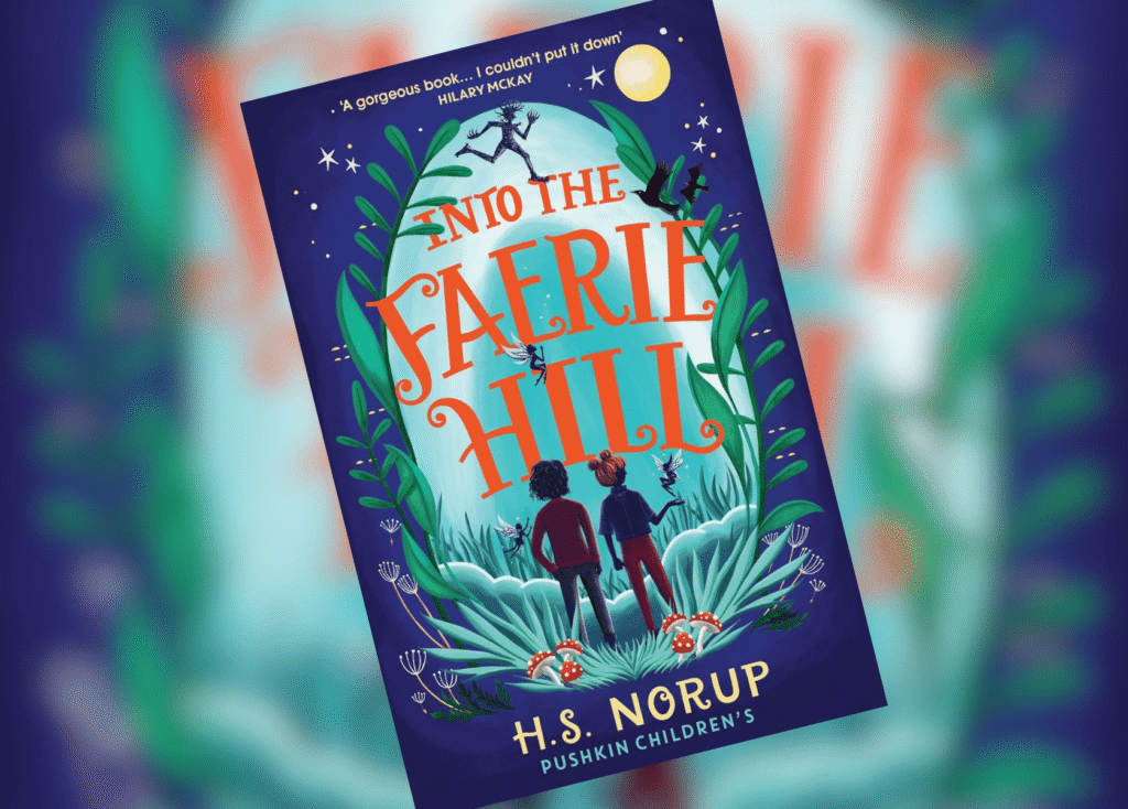 Book cover of 'Into the Faeerie Hill' by H.S. Norup; two children stand at the edge of a glowing hill surrounded by lush plants under a night sky with stars and a moon.