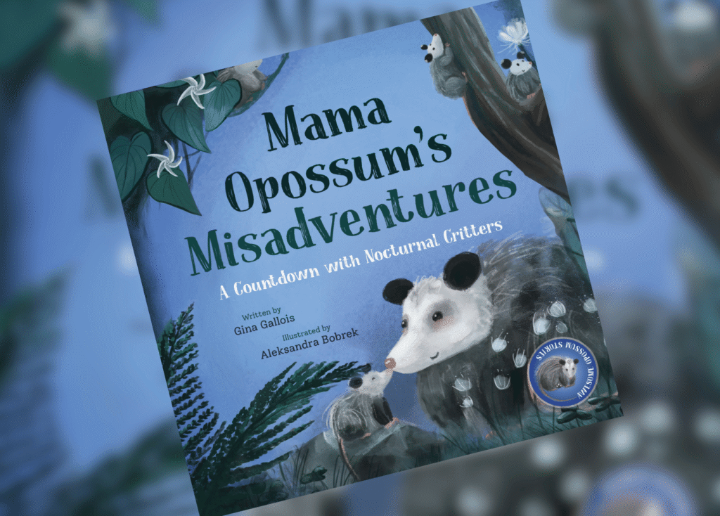 Mama Opossums Misadventures Header | The Children's Book Review Cover of a children's book: 'Mama Opossum's Misadventures' with blue background and illustrated opossums and plants.