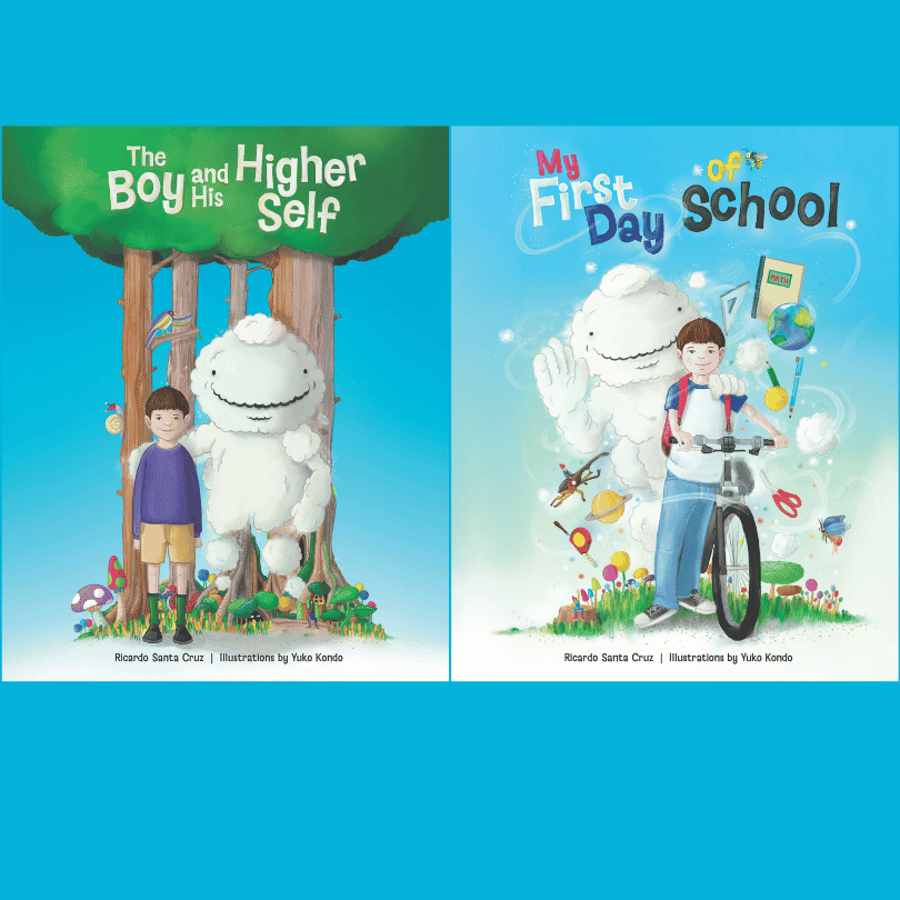 The Boy and His Higher Self and the First Day of School Covers | The Children's Book Review Two children's book covers side by side: left shows a boy with a friendly white cloud-like creature among trees titled 'The Boy and His Higher Self'; right shows a boy with a bicycle and the title 'My First Day of School.'