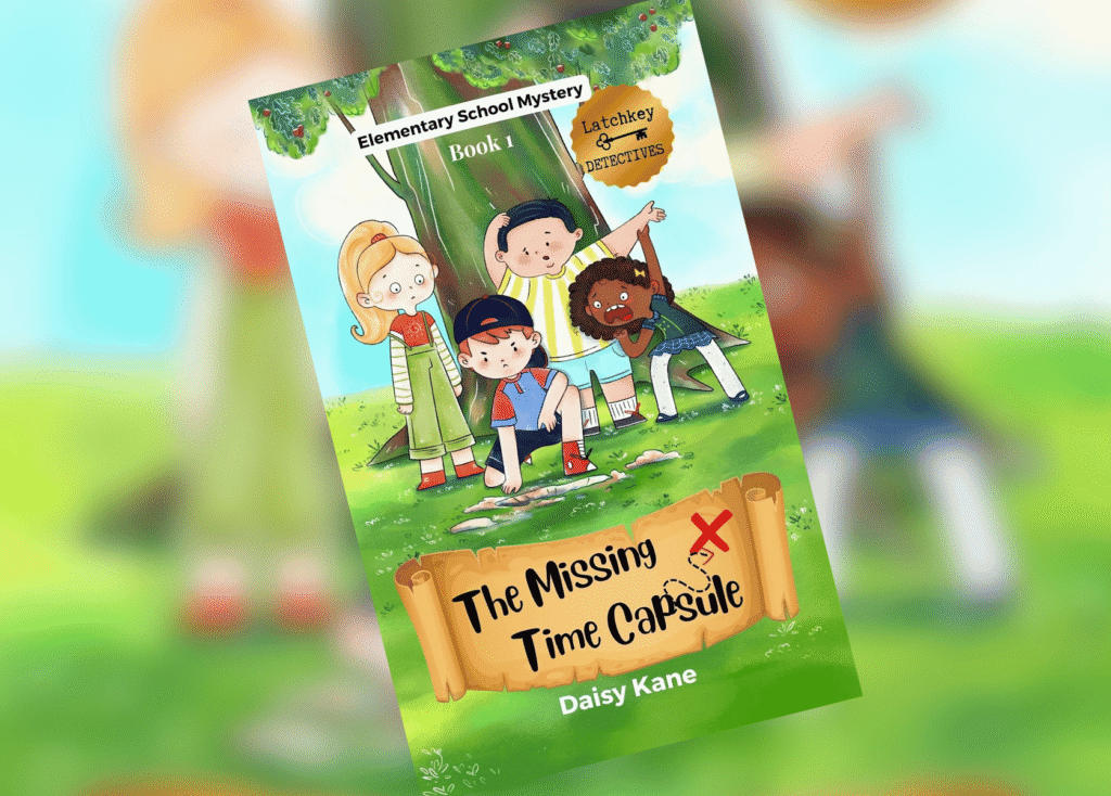 The Missing Time Capsule Header | The Children's Book Review Colorful children's book cover with four kids digging near a tree on a sunny park, searching for a missing time capsule.