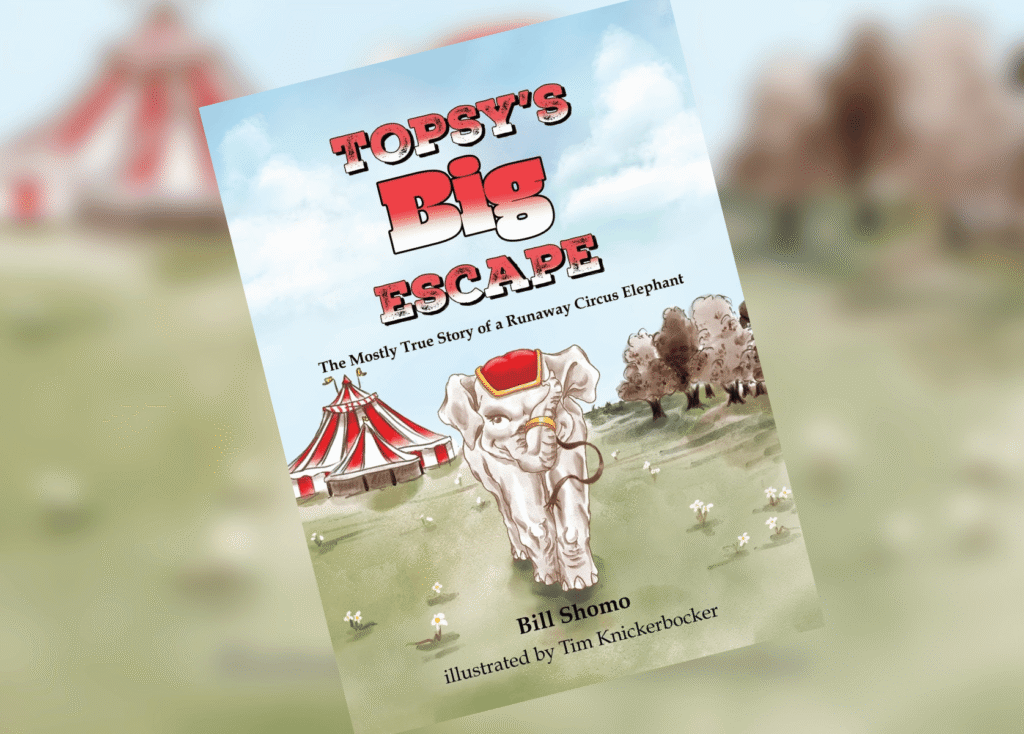 Topsys Big Escape Header | The Children's Book Review Book cover for "Topsy's Big Escape" featuring a cartoon elephant in a grassy field with a red-and-white circus tent and blue sky morning backdrop.