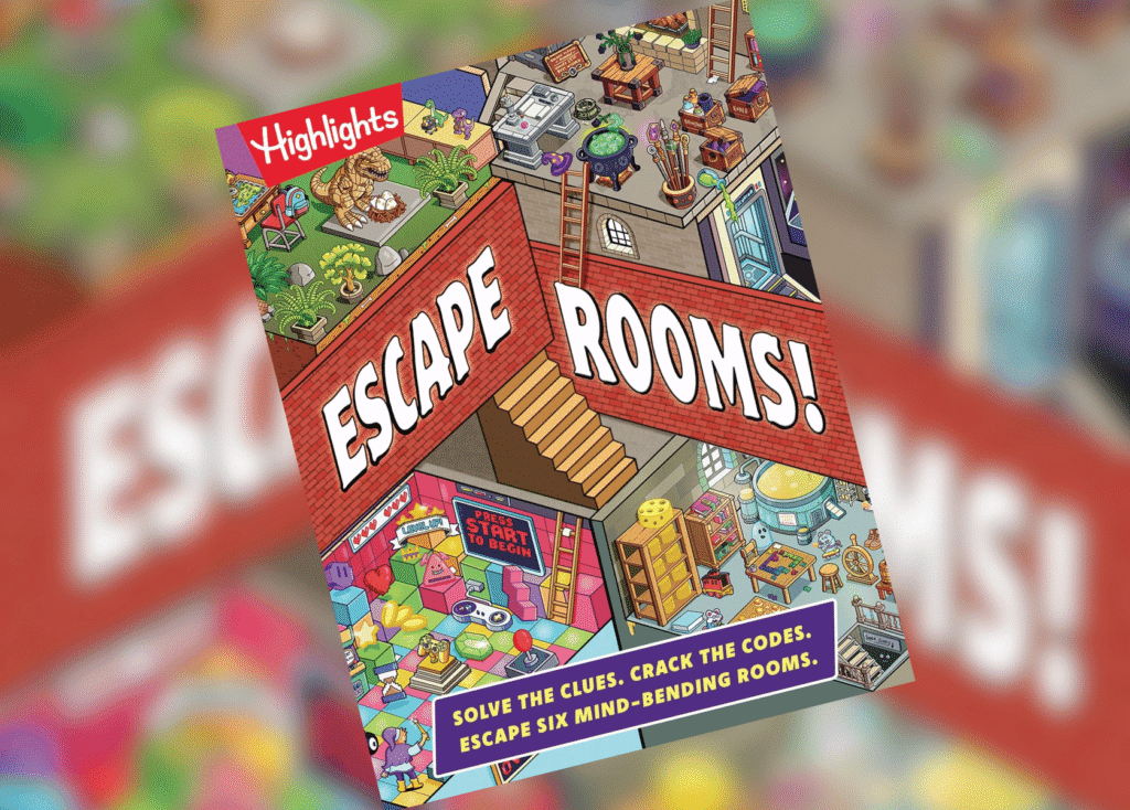 Escape Rooms Header | The Children's Book Review Colorful comic-book collage showing various escape-room scenes with the bold title 'Escape Rooms!' across a brick wall and a red 'Highlights' banner above.