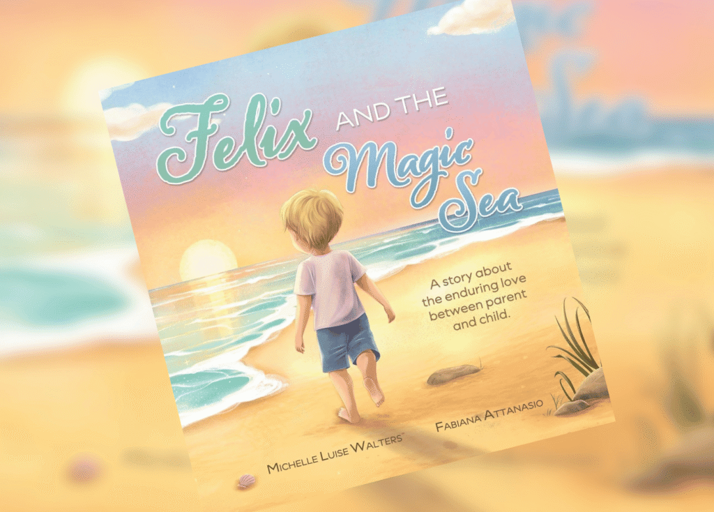 Pastel-colored children's book cover: a blond boy walking along a sandy beach at sunset with the sea and sun in the background; title 'Felix and the Magic Sea'