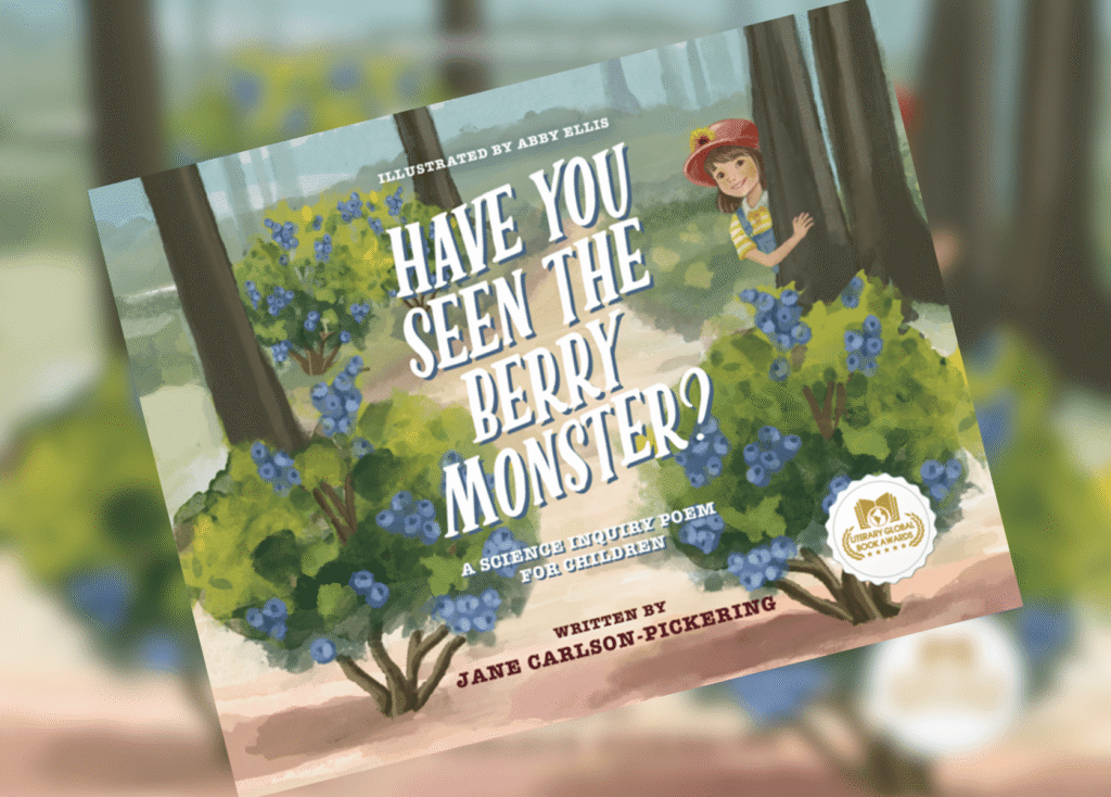 Cover of a children's science poem book titled 'Have You Seen the Berry Monster?' depicting a girl in a red hat peeking from behind blueberry bushes in a forest.