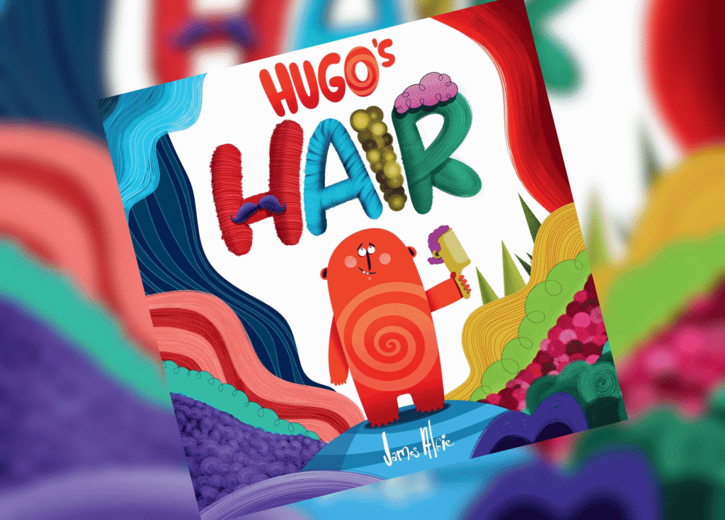 Hugos Hair Header | The Children's Book Review Colorful children's book cover with the title 'Hugo's'; a red rounded creature holding a microphone among rainbow, abstract shapes.