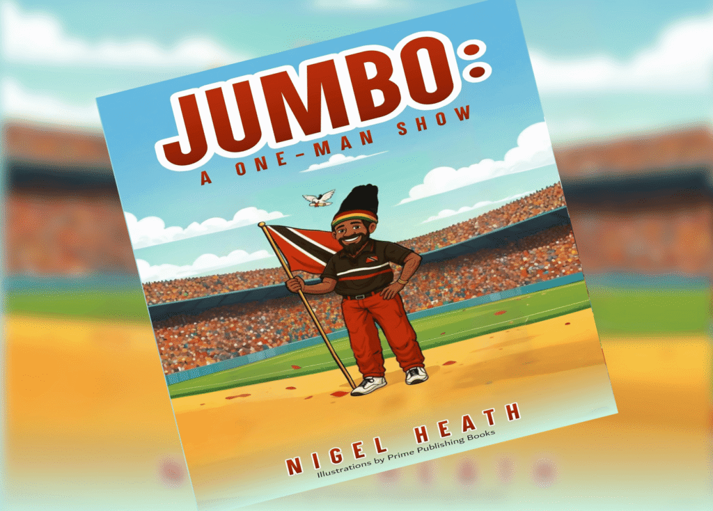 Book cover illustration for JUMBO: A One-Man Show, featuring a Kenyan- or Caribbean-looking man holding a flag on a cricket field in a stadium beneath a blue sky.