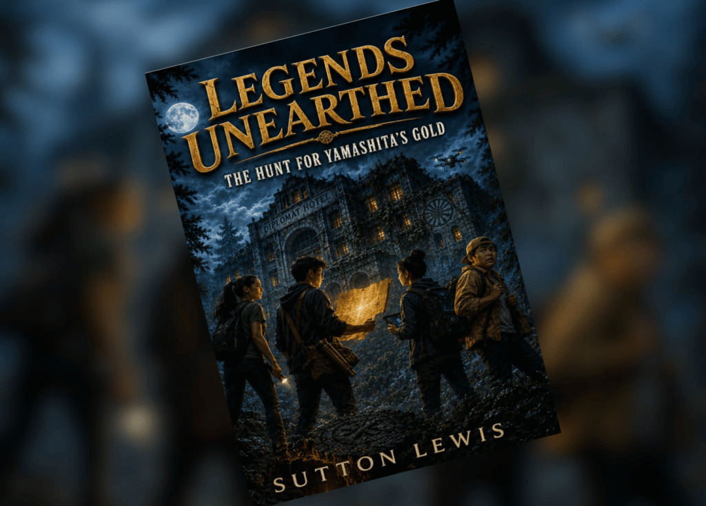 Book cover for Legends Unearthed: The Hunt for Yamashita's Gold, showing four adventurers before a moonlit, ivy-clad hotel at night.